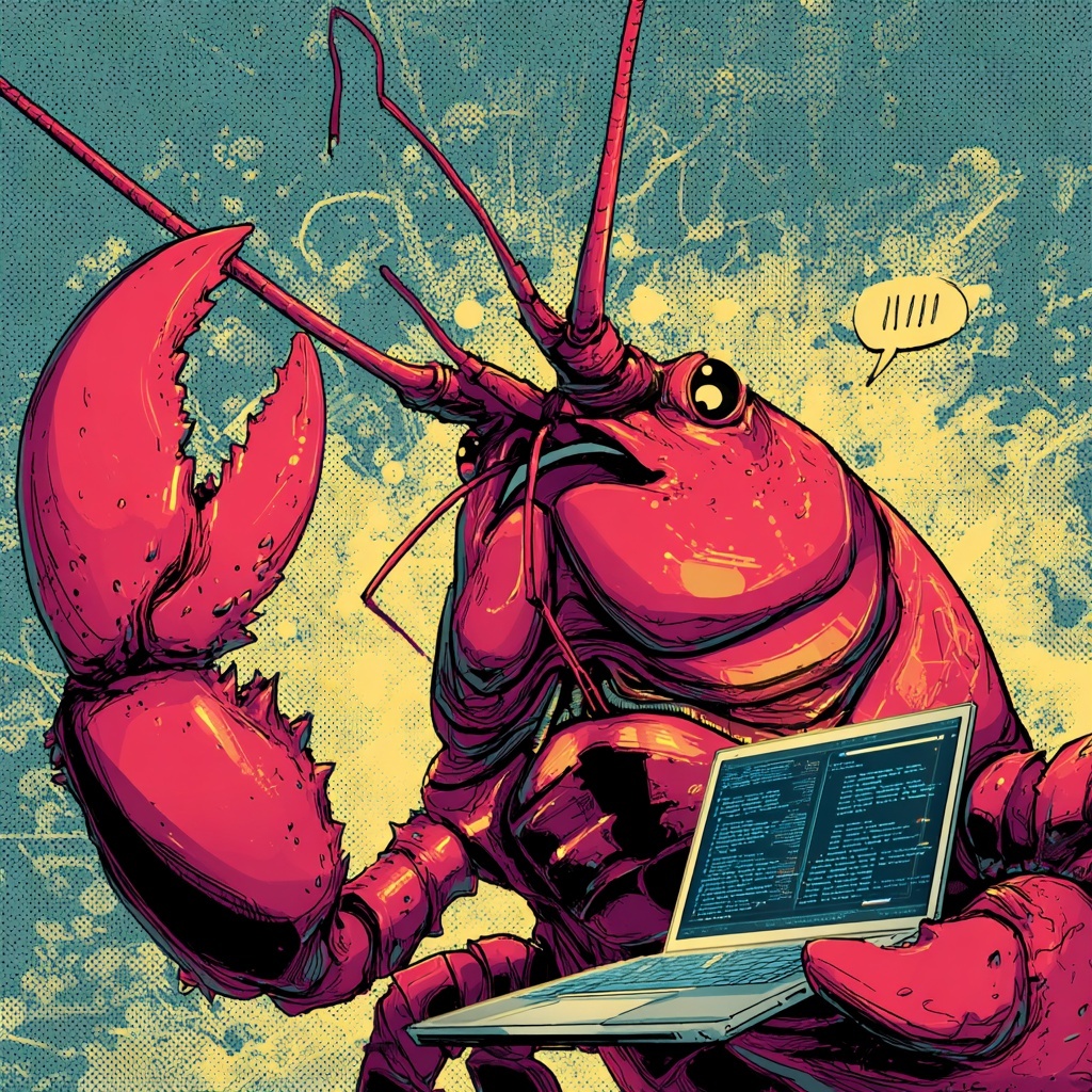 Rob — comic-book lobster at a laptop